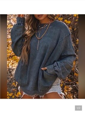 Oversized Washed Slate Blue Pullover Sweatshirt Sz S NWOT